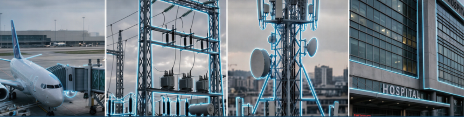 Banner of critical network infrastructure including airport, substation, telecoms mast and city, modernising critical networks for the AI era webinar