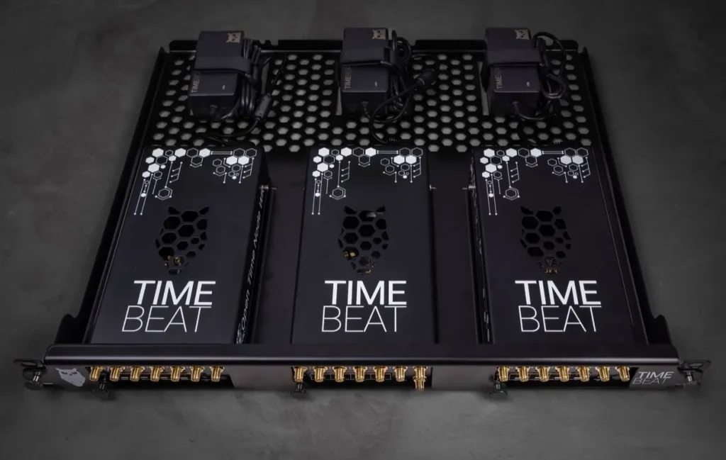 Three TimeBeat Open Time Node WR units in a rack tray